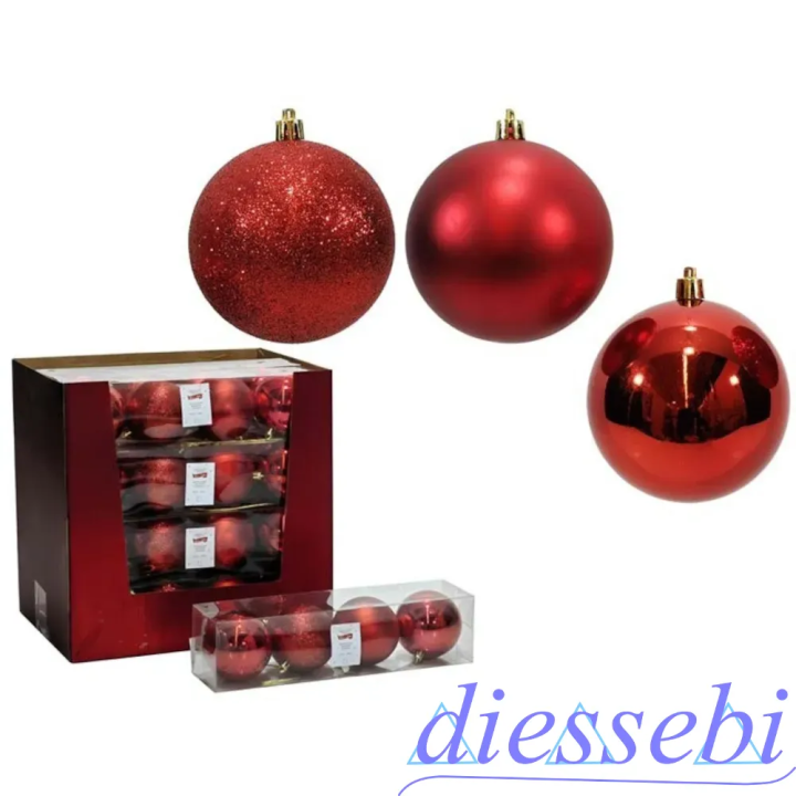Confezione 4 Sfere 8cm Lucido e Glitter Rosso