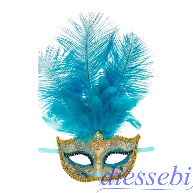 Maschera con Glitter Azzurri e Oro Gemme e Piume