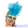 Maschera con Glitter Azzurri e Oro Gemme e Piume