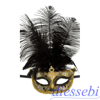 Maschera con Glitter Neri e Oro Gemme e Piume