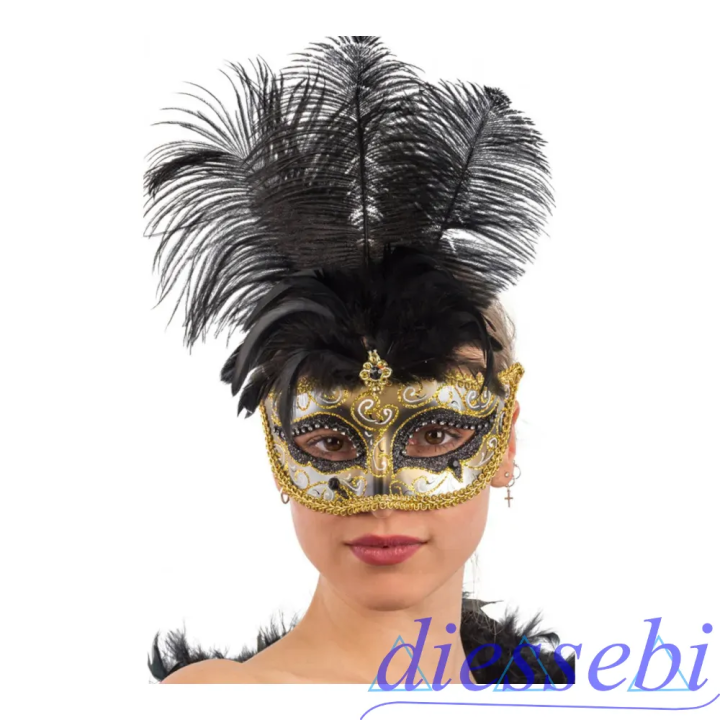 Maschera con Glitter Neri e Oro Gemme e Piume