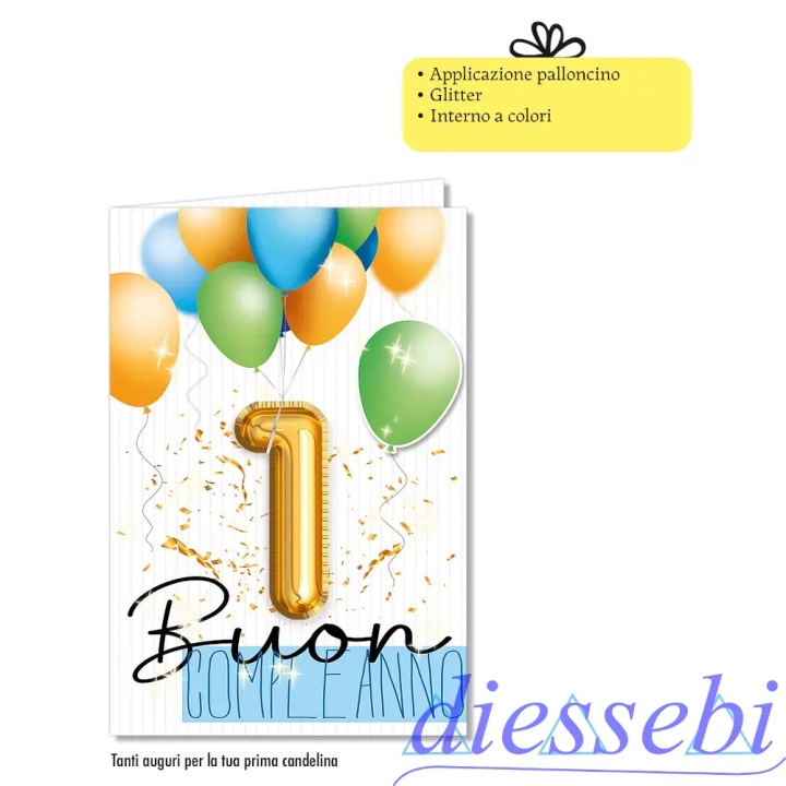 Biglietto 1° Compleanno Palloncino Azzurro
