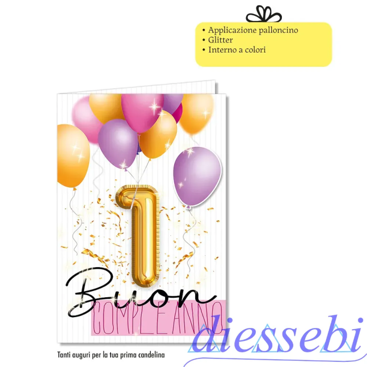 Biglietto 1° Compleanno Palloncino Rosa