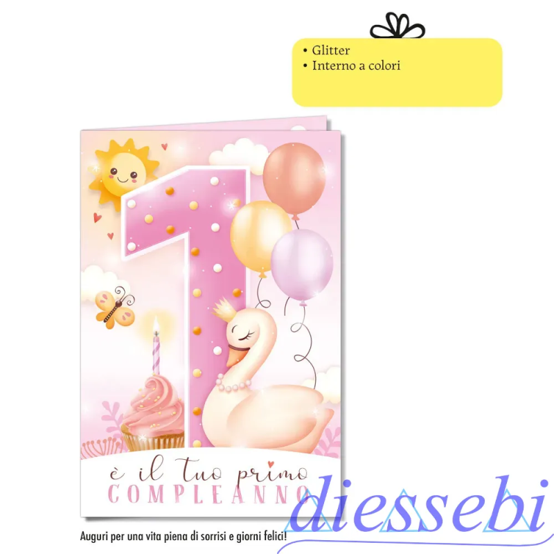Biglietto 1° Compleanno Rosa