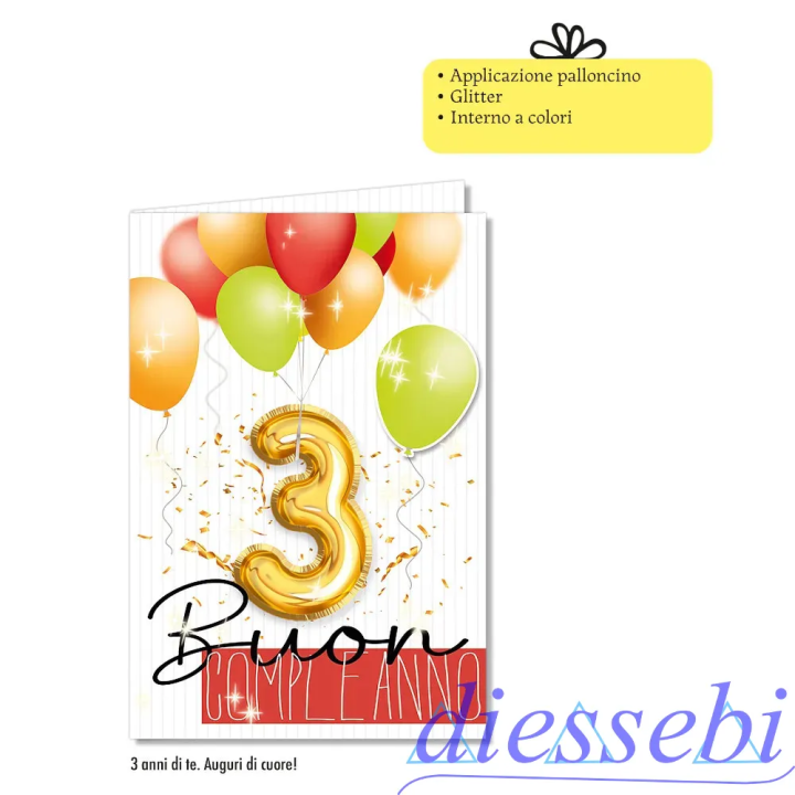 Biglietto Compleanno 3 Anni Palloncino