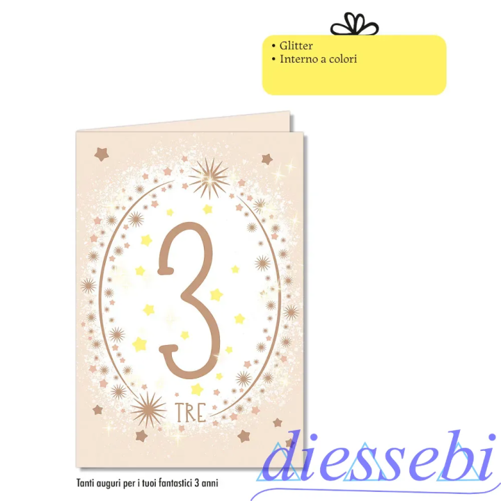 Biglietto Compleanno 3 Anni Glitter