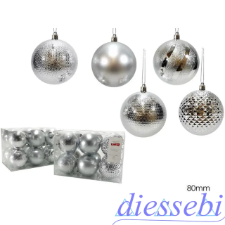 12 Sfere 8cm Lucido e Glitter Argento
