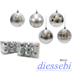 12 Sfere 8cm Lucido e Glitter Argento